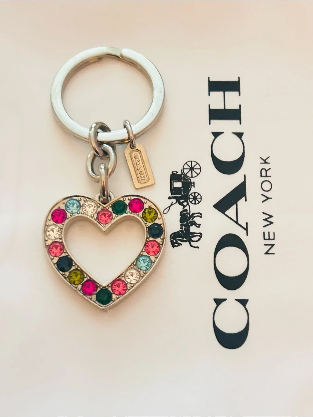 RARE Coach Heart Charm Rainbow Crystals Keychain/ Bag Charm